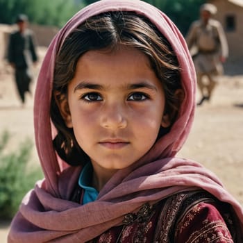 A young girl from Afghanistan stands confidently, showcasing her traditional attire, her expressive eyes reflecting her surroundings and culture. Generative AI.