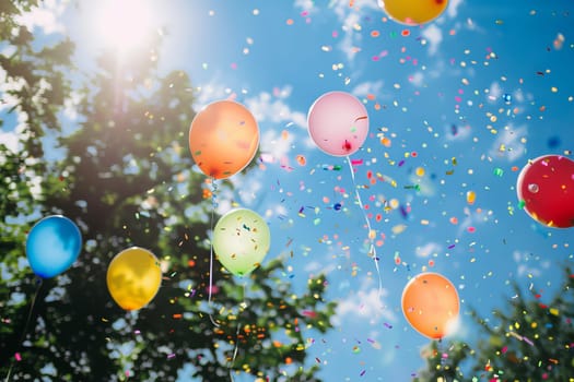 Bunch of balloons released into the air during a celebration, symbolizing freedom and joy