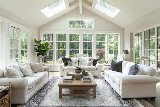 Bright and airy living room with a vaulted ceiling and skylights
