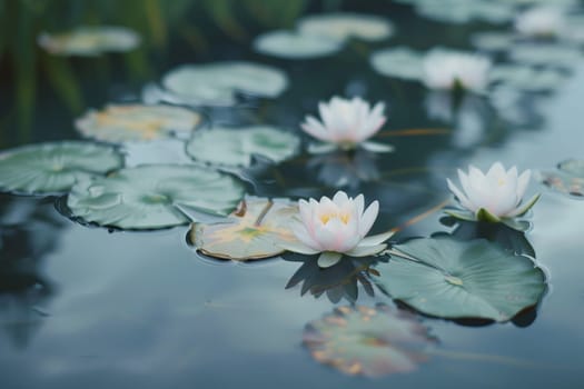 Calm pond with water lilies floating on the surface