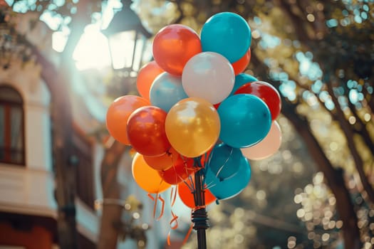 Bunch of balloons tied to a lamppost, adding a festive touch to a street festival