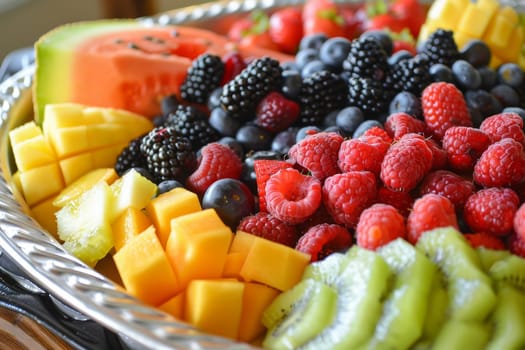 Close-up of a colorful fruit platter with assorted berries, melon, and citrus fruits