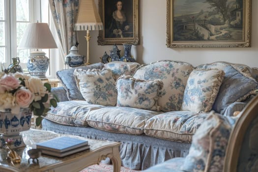 Classic French country living room with toile prints and floral accents