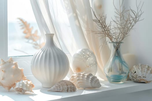 Coastal beach house decor against a soft transparent white surface, perfect for summer vibes