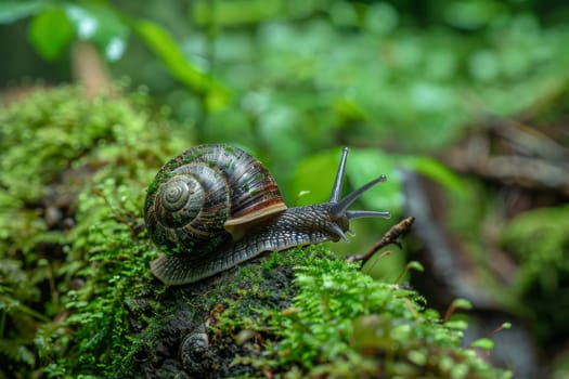 Close up of a snail crawling on a mossy log, showcasing the biodiversity of forest ecosystems