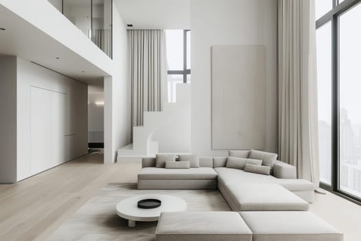 Contemporary minimalist living room with clean lines and monochromatic palette