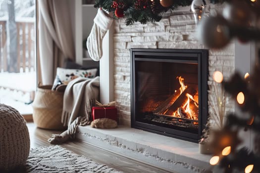 Cozy Christmas fireplace scene against a soft transparent white surface, evoking holiday warmth