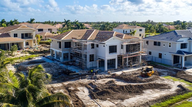 Aerial view of luxury residential construction site in tropical setting with palm trees, showing new houses under development with scaffolding and building materials.