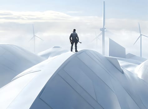 Silhouette of a technician standing on snow covered terrain against wind turbines in foggy weather, symbolizing renewable energy and sustainable future.