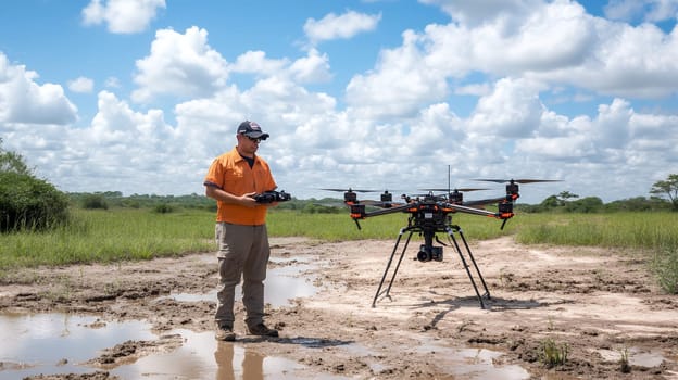 Professional drone pilot operating advanced hexacopter drone in rural landscape with cloudy sky background, aerial photography equipment.