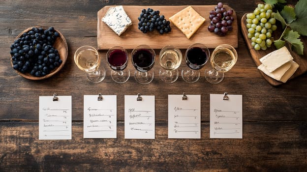 Professional wine tasting arrangement with various wines, cheese board, grapes and tasting notes on rustic wooden table.