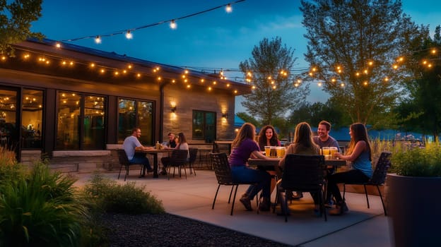 Friends enjoying drinks on outdoor restaurant patio with string lights at dusk, casual dining atmosphere with modern architecture.