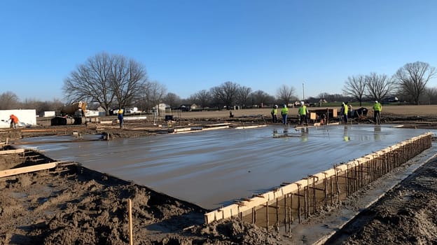 Construction workers in safety vests pouring and smoothing fresh concrete foundation at building site with trees in background.