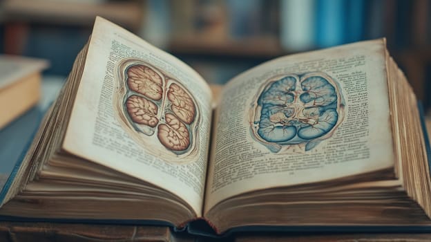 Ancient medical textbook displaying detailed anatomical illustrations of human brain in blue and brown colors, representing historical medical knowledge.
