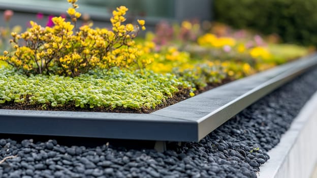 Contemporary raised garden bed with succulent plants and yellow flowers on black pebble background, modern landscaping design.