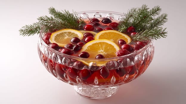 Festive holiday punch with fresh cranberries, orange slices and evergreen garnish in crystal bowl, perfect for winter celebration.