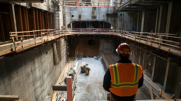 Construction worker overseeing deep underground tunnel construction site with concrete walls, scaffolding and wooden walkways.