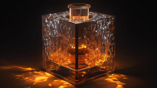 Modern square glass decanter with dramatic amber lighting and water droplet texture, luxury product presentation on black background.