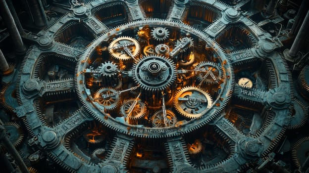 This striking scientific photo illustrates the concept of Commercial Chaos through a meticulously detailed depiction of an interconnected mechanism. At the center, a cross-section of a complex machine showcases the various compartments representing essential departments: Product, Marketing, Finance, HR, and Sales. Each compartment is filled with gears and cogs labeled with their respective tasks and goals. The misalignment of these gears highlights the friction and inefficiencies that arise within organizations, symbolizing the challenges of communication and collaboration in the corporate environment. The high contrast and intricate details draw the viewer into this chaotic corporate landscape.