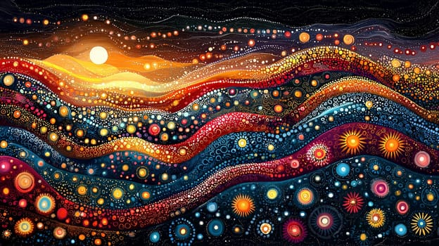 A stunning piece of Aboriginal art characterized by its vibrant colors and intricate patterns. The artwork showcases a high level of detail and contrast, reflecting the rich cultural heritage and storytelling traditions of Indigenous Australian artists. This colorful representation captures the essence of nature, spirituality, and community, inviting viewers to explore its depths.