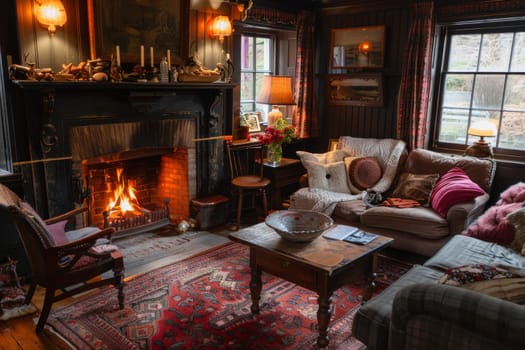 Cozy cottage living room with a fireplace and cozy seating