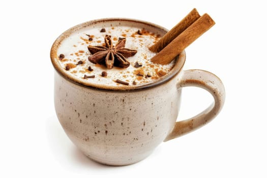 A cup of coffee with cinnamon sticks on top. The coffee is hot and steaming. The cinnamon sticks are brown and have a slightly spicy aroma. The cup is white and has a simple design
