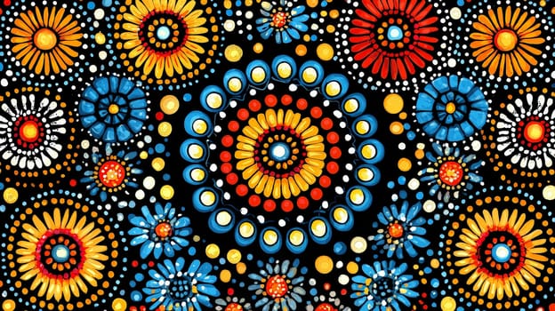 A stunning piece of Aboriginal art characterized by its vibrant colors and intricate patterns. The artwork showcases a high level of detail and contrast, reflecting the rich cultural heritage and storytelling traditions of Indigenous Australian artists. This colorful representation captures the essence of nature, spirituality, and community, inviting viewers to explore its depths.