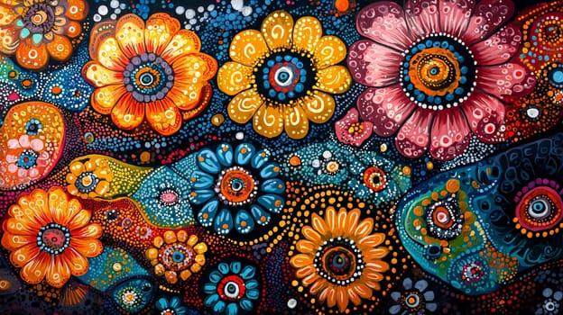 A stunning piece of Aboriginal art characterized by its vibrant colors and intricate patterns. The artwork showcases a high level of detail and contrast, reflecting the rich cultural heritage and storytelling traditions of Indigenous Australian artists. This colorful representation captures the essence of nature, spirituality, and community, inviting viewers to explore its depths.
