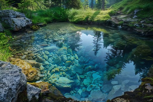 Crystal-clear water of a natural hot spring in the wilderness