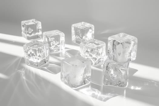 Crystal-clear ice cubes on a soft transparent white backdrop, perfect for cool and refreshing concepts