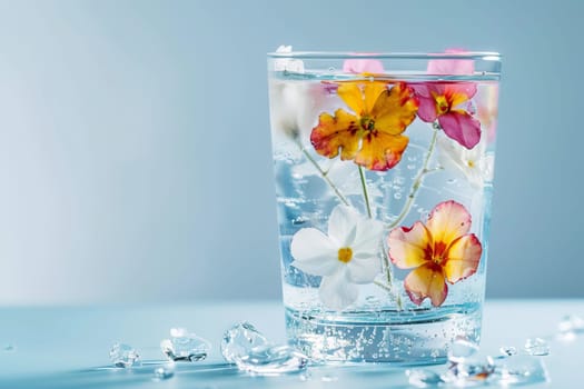 Crystal-clear water in a glass vase with submerged flowers