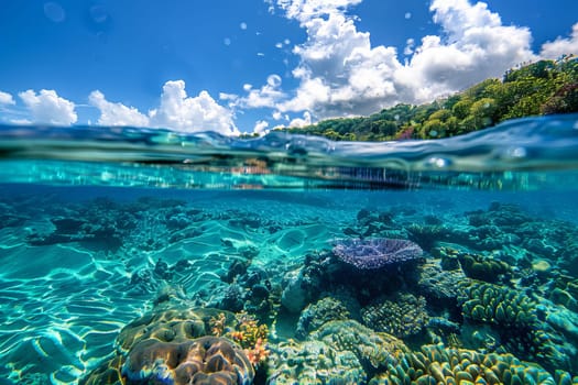 Crystal-clear water of a tropical lagoon with colorful coral reefs below