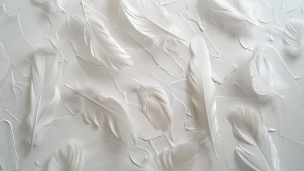 Delicate bohemian feathers arranged in a harmonious composition on a clean white canvas