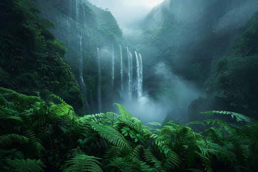 Dramatic waterfall plunging into a misty gorge surrounded by lush greenery