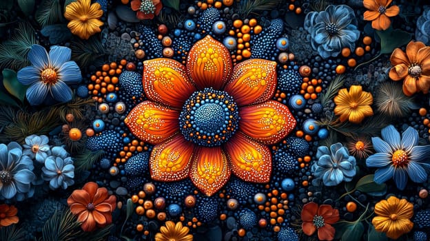 A stunning piece of Aboriginal art characterized by its vibrant colors and intricate patterns. The artwork showcases a high level of detail and contrast, reflecting the rich cultural heritage and storytelling traditions of Indigenous Australian artists. This colorful representation captures the essence of nature, spirituality, and community, inviting viewers to explore its depths.
