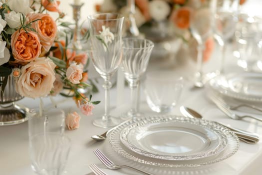 Elegant table setting decoration against a soft transparent white surface, perfect for event designs