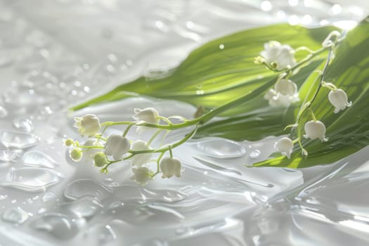 A white flower with green leaves is floating in a pool of water