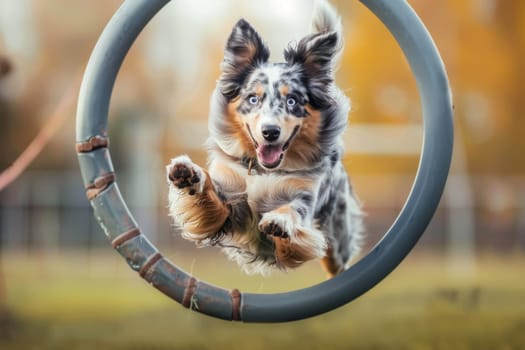Dog excitedly jumping through a hoop during agility training