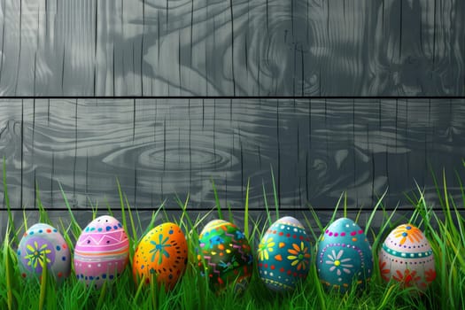 Festive Easter background with painted eggs and green grass