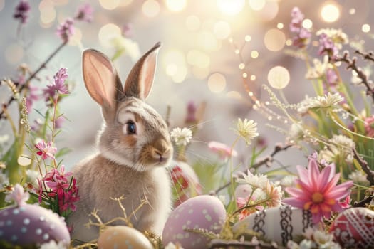 Happy Easter greeting card with a whimsical bunny and festive decorations