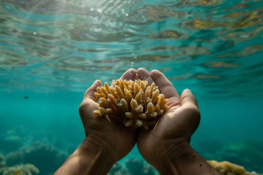 Hands holding a delicate coral reef underwater, highlighting the fragility of marine ecosystems