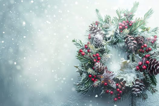 Joyful Christmas wreath on a soft transparent white surface, ideal for holiday invitations