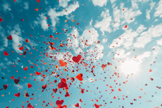 Heart-shaped confetti falling from the sky