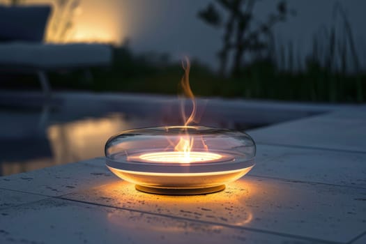 A small glass bowl with a candle inside is lit up on a patio. Concept of warmth and relaxation, as the candle's light illuminates the bowl and the surrounding area