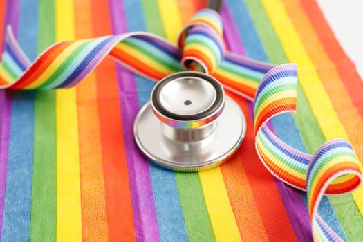 LGBT symbol, Stethoscope on rainbow flag, rights and gender equality, LGBT Pride Month in June.