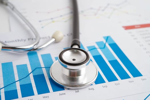 Stethoscope on chart or graph paper, Financial, account, statistics and business data medical health.