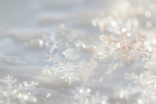 Radiant snowflake sparkles falling gently on a transparent white surface, evoking images of winter wonderlands