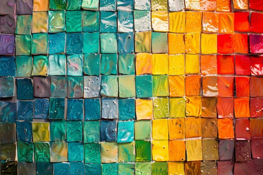 Rainbow-colored ceramic tiles transparently arranged in a mosaic pattern