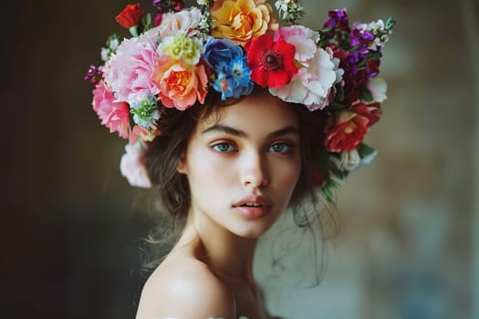 Rainbow-colored flower crown transparently worn by a model, adding charm