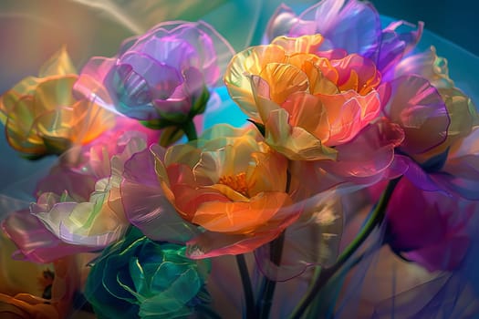 Rainbow-colored flowers transparently arranged in a bouquet